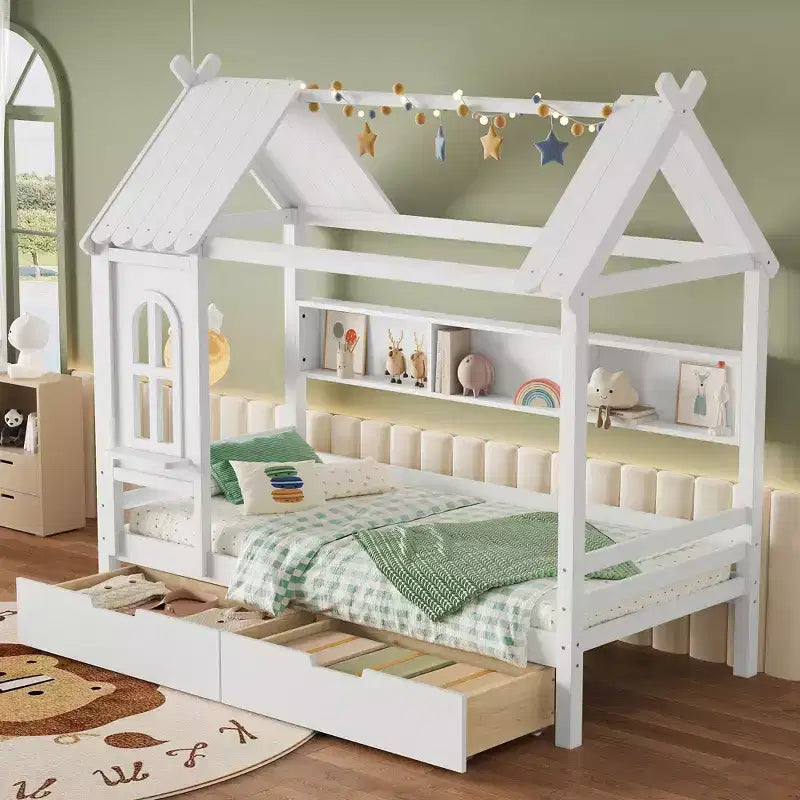 Lit plateforme en bois massif avec tiroirs de rangement et étagères, modèle « Maison » pour matelas jumeau ou double