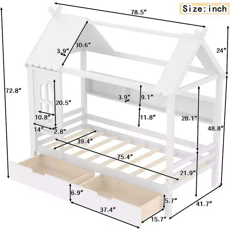 Lit plateforme en bois massif avec tiroirs de rangement et étagères, modèle « Maison » pour matelas jumeau ou double