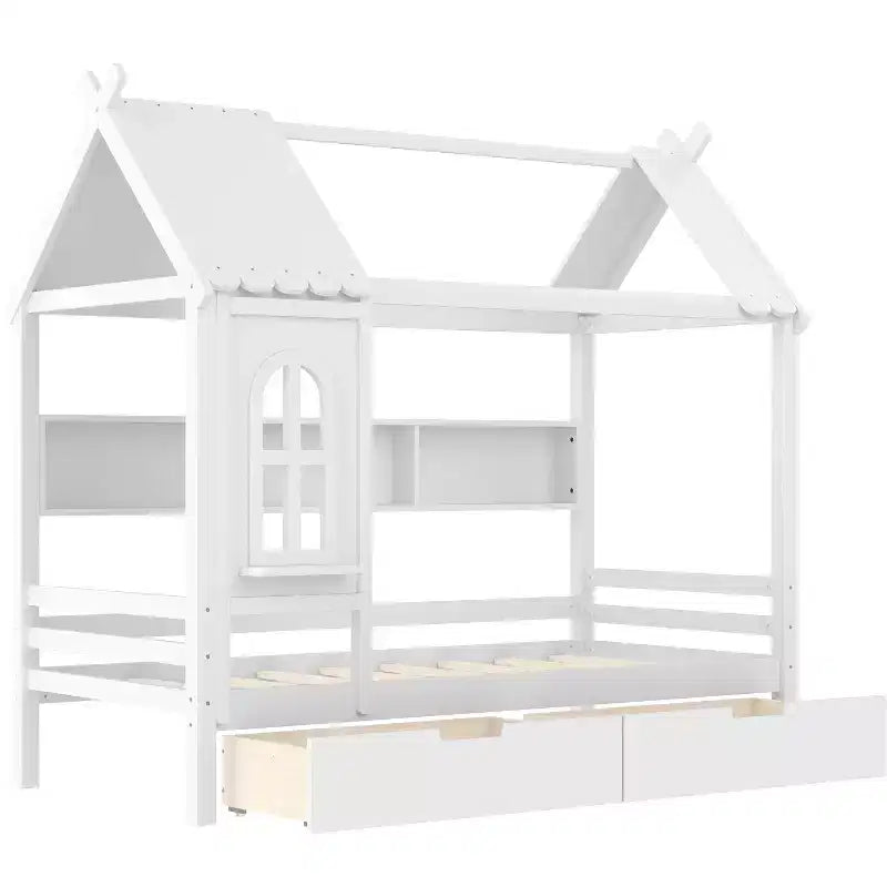 Lit plateforme en bois massif avec tiroirs de rangement et étagères, modèle « Maison » pour matelas jumeau ou double