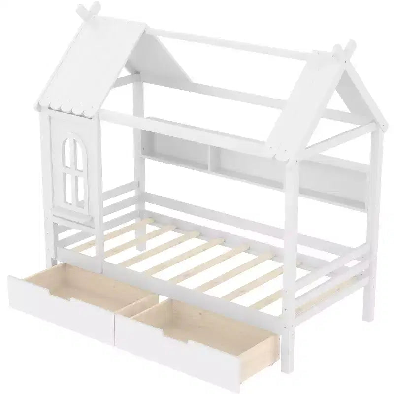 Lit plateforme en bois massif avec tiroirs de rangement et étagères, modèle « Maison » pour matelas jumeau ou double
