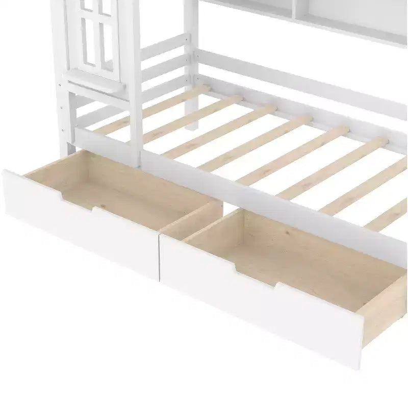 Lit plateforme en bois massif avec tiroirs de rangement et étagères, modèle « Maison » pour matelas jumeau ou double