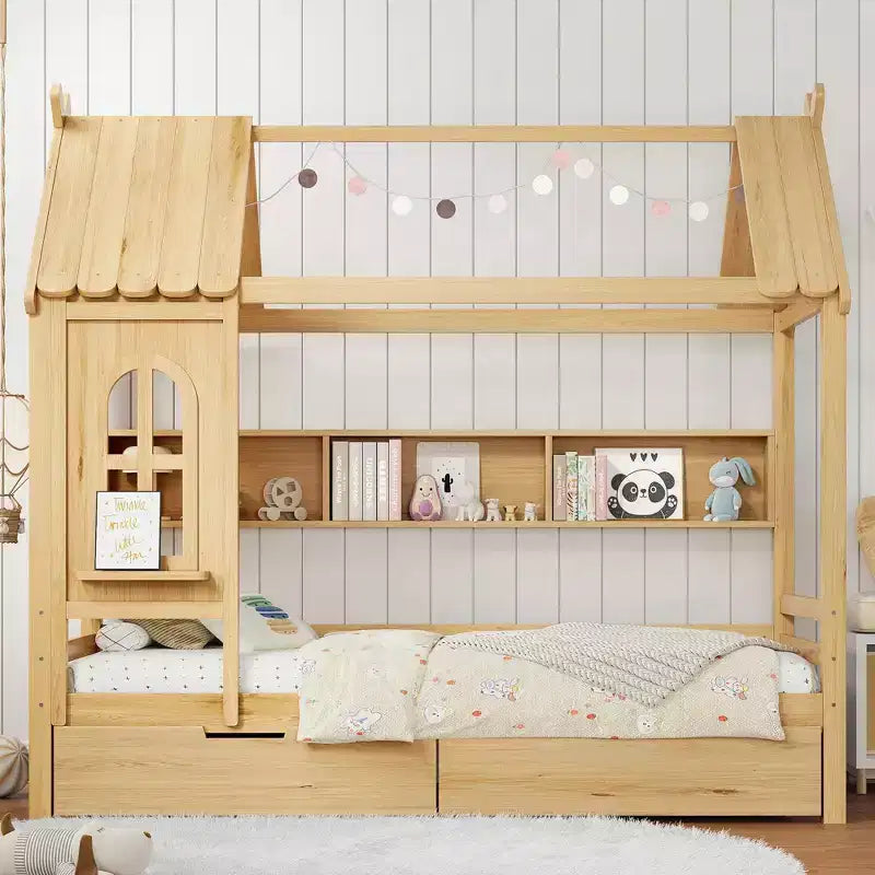 Lit plateforme en bois massif avec tiroirs de rangement et étagères, modèle « Maison » pour matelas jumeau ou double