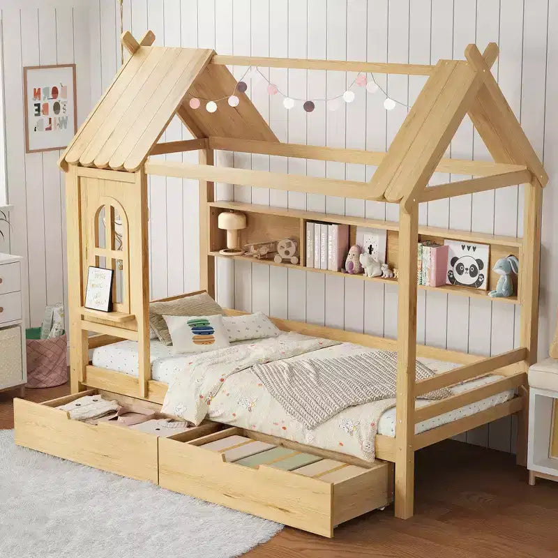 Lit plateforme en bois massif avec tiroirs de rangement et étagères, modèle « Maison » pour matelas jumeau ou double