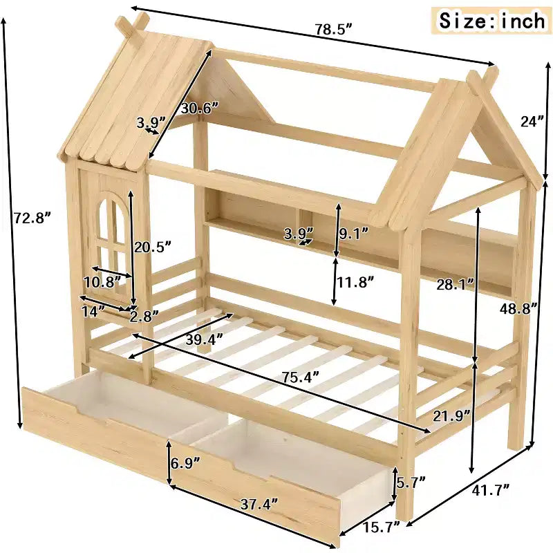Lit plateforme en bois massif avec tiroirs de rangement et étagères, modèle « Maison » pour matelas jumeau ou double