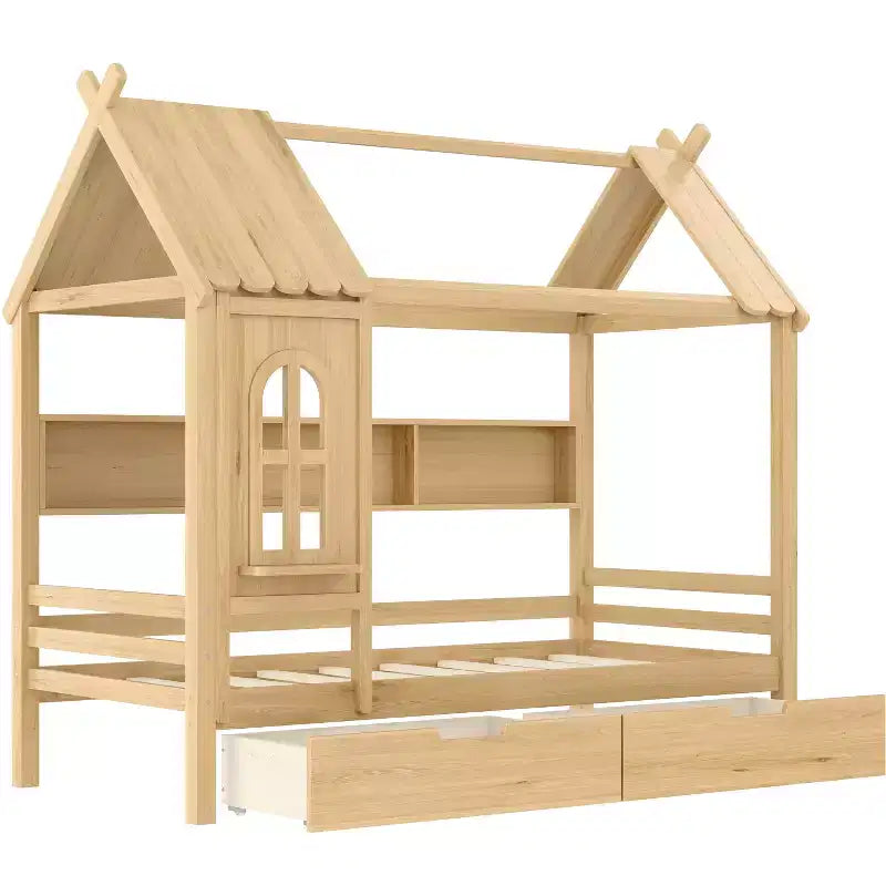 Lit plateforme en bois massif avec tiroirs de rangement et étagères, modèle « Maison » pour matelas jumeau ou double