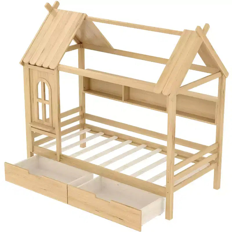 Lit plateforme en bois massif avec tiroirs de rangement et étagères, modèle « Maison » pour matelas jumeau ou double