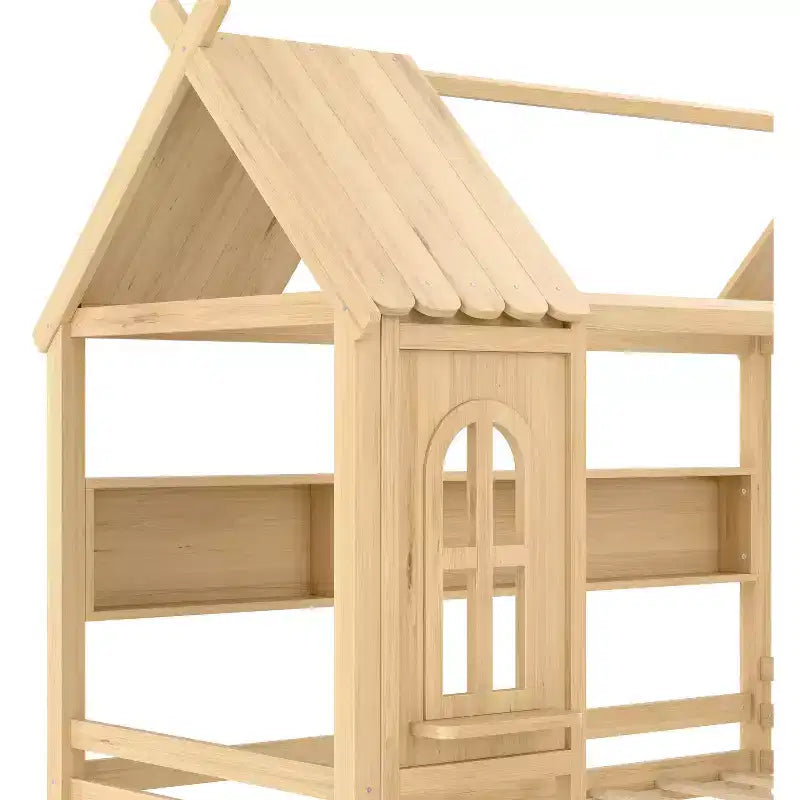 Lit plateforme en bois massif avec tiroirs de rangement et étagères, modèle « Maison » pour matelas jumeau ou double