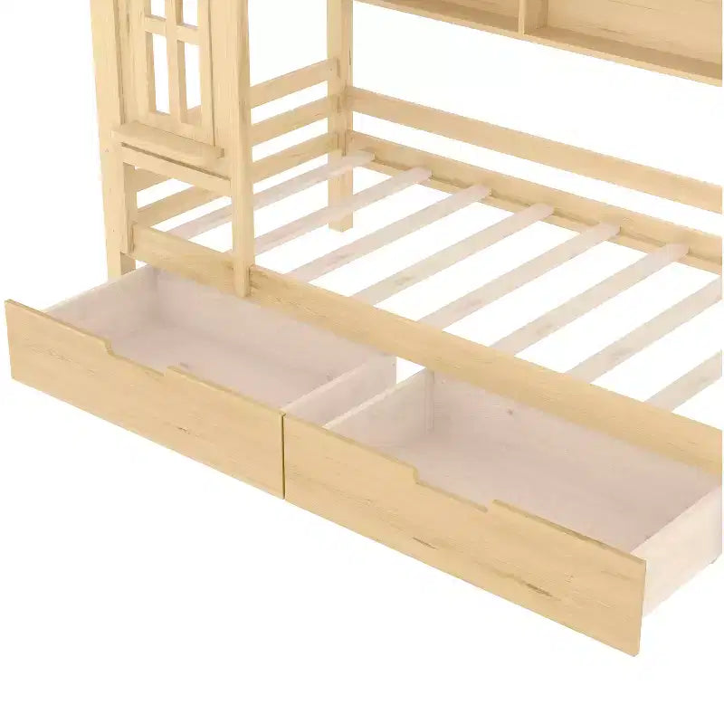 Lit plateforme en bois massif avec tiroirs de rangement et étagères, modèle « Maison » pour matelas jumeau ou double