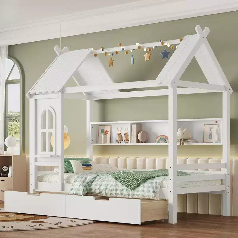 Lit plateforme en bois massif avec tiroirs de rangement et étagères, modèle « Maison » pour matelas jumeau ou double