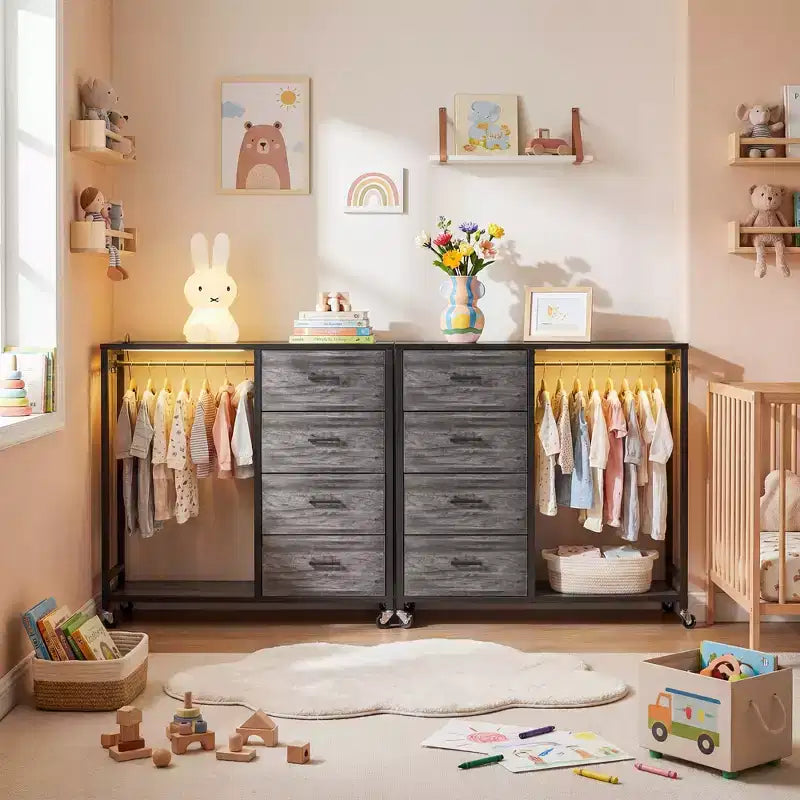 Portant à vêtements, commodes avec station de charge et lumière LED, commode à 4 tiroirs