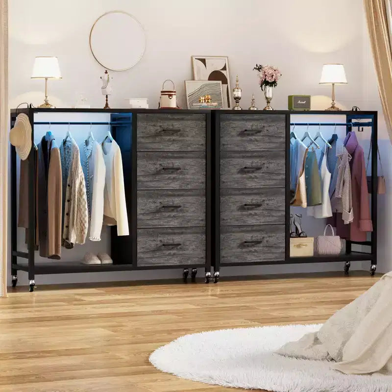 Portant à vêtements, commodes avec station de charge et lumière LED, commode à 4 tiroirs