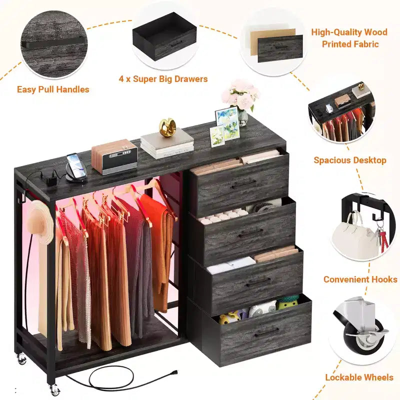 Portant à vêtements, commodes avec station de charge et lumière LED, commode à 4 tiroirs