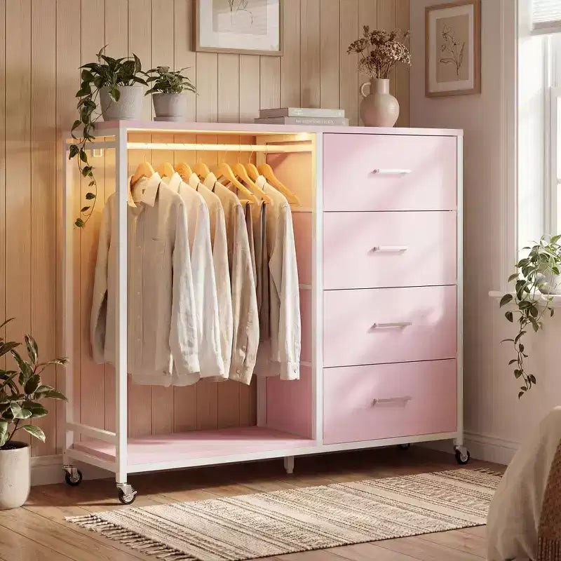 Portant à vêtements, commodes avec station de charge et lumière LED, commode à 4 tiroirs