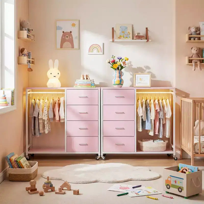 Portant à vêtements, commodes avec station de charge et lumière LED, commode à 4 tiroirs