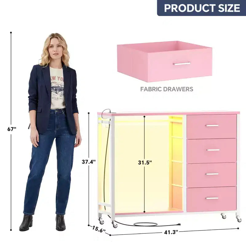 Portant à vêtements, commodes avec station de charge et lumière LED, commode à 4 tiroirs