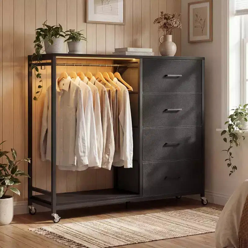 Portant à vêtements, commodes avec station de charge et lumière LED, commode à 4 tiroirs