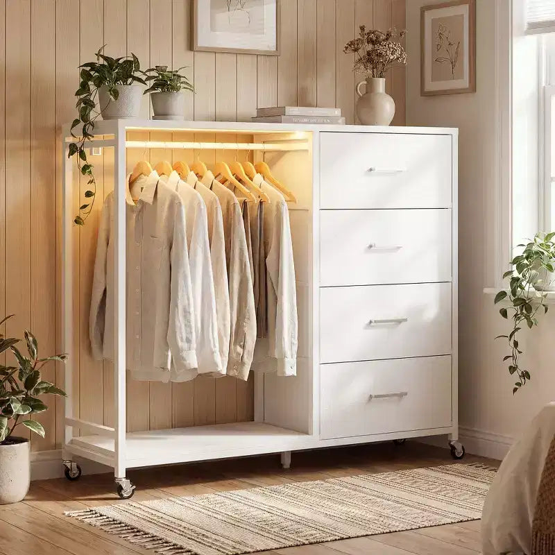 Portant à vêtements, commodes avec station de charge et lumière LED, commode à 4 tiroirs
