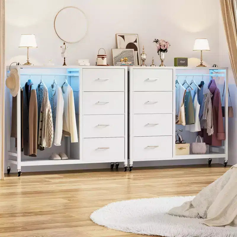 Portant à vêtements, commodes avec station de charge et lumière LED, commode à 4 tiroirs