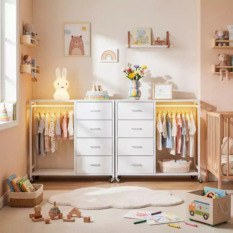 Portant à vêtements, commodes avec station de charge et lumière LED, commode à 4 tiroirs