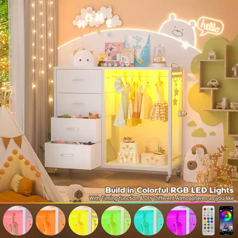 Portant à vêtements, commodes avec station de charge et lumière LED, commode à 4 tiroirs