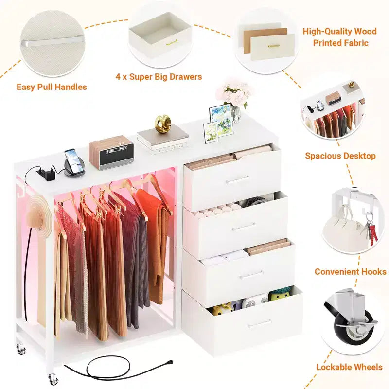 Portant à vêtements, commodes avec station de charge et lumière LED, commode à 4 tiroirs
