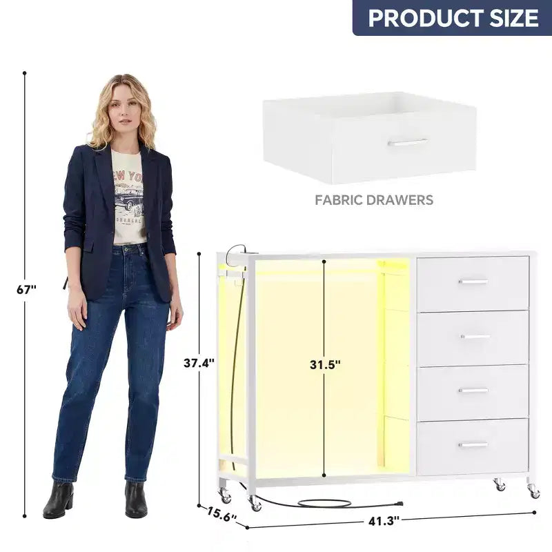 Portant à vêtements, commodes avec station de charge et lumière LED, commode à 4 tiroirs