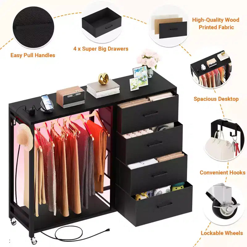 Portant à vêtements, commodes avec station de charge et lumière LED, commode à 4 tiroirs