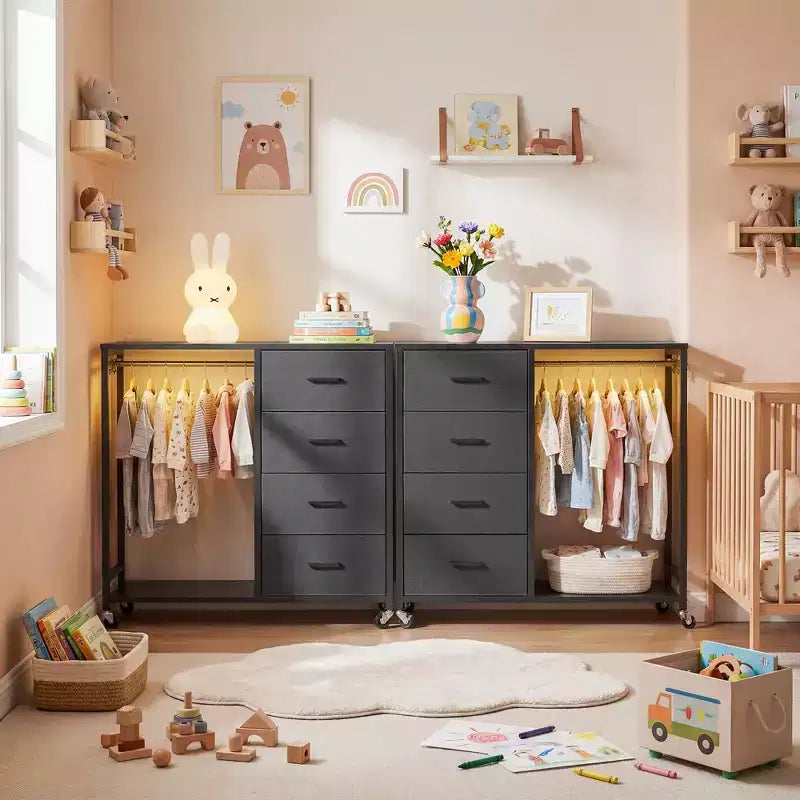 Portant à vêtements, commodes avec station de charge et lumière LED, commode à 4 tiroirs