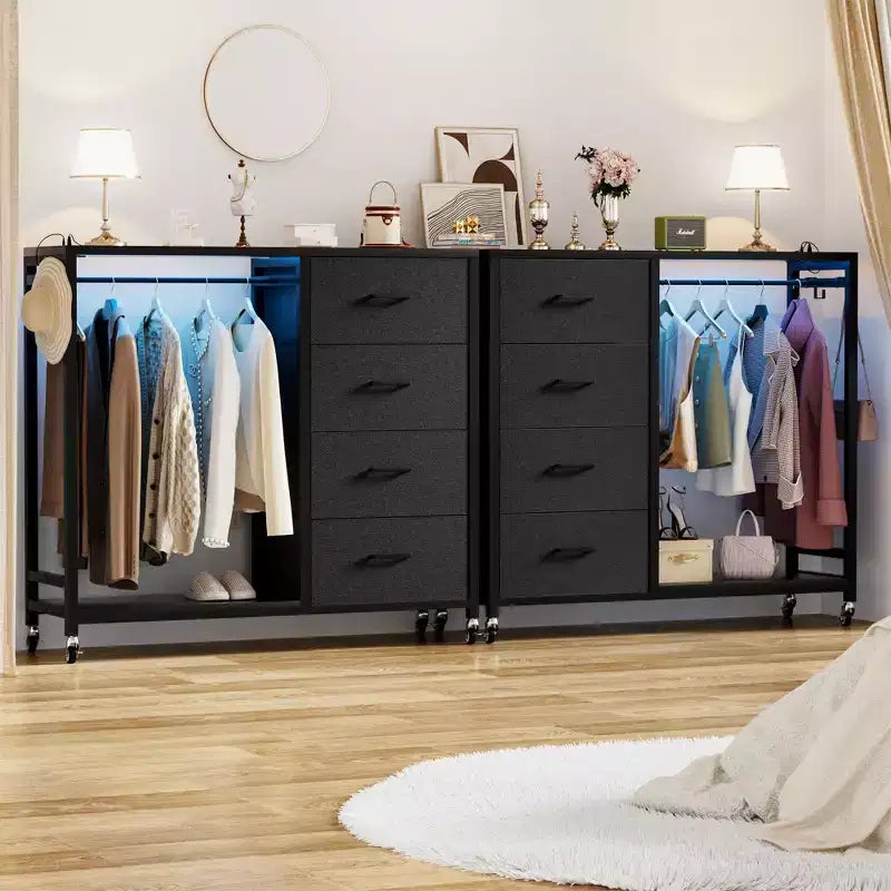 Portant à vêtements, commodes avec station de charge et lumière LED, commode à 4 tiroirs