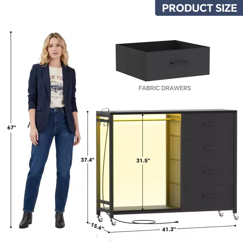 Portant à vêtements, commodes avec station de charge et lumière LED, commode à 4 tiroirs