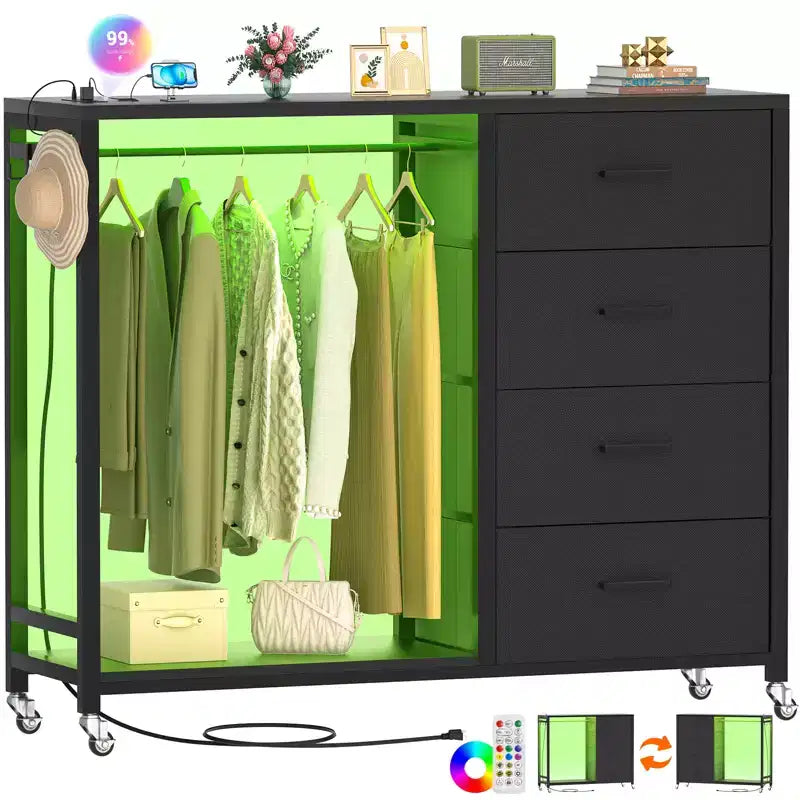 Portant à vêtements, commodes avec station de charge et lumière LED, commode à 4 tiroirs