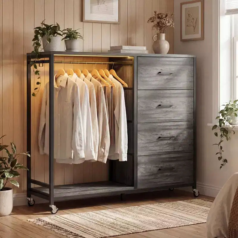 Portant à vêtements, commodes avec station de charge et lumière LED, commode à 4 tiroirs