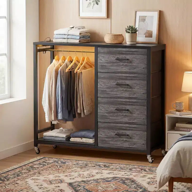 Portant à vêtements, commodes avec station de charge et lumière LED, commode à 4 tiroirs