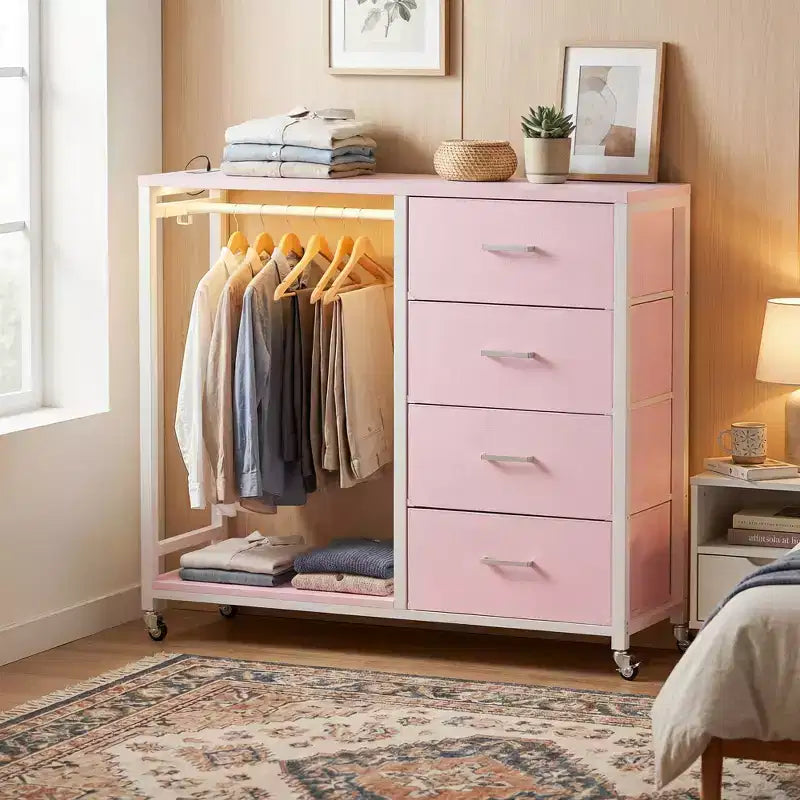Portant à vêtements, commodes avec station de charge et lumière LED, commode à 4 tiroirs