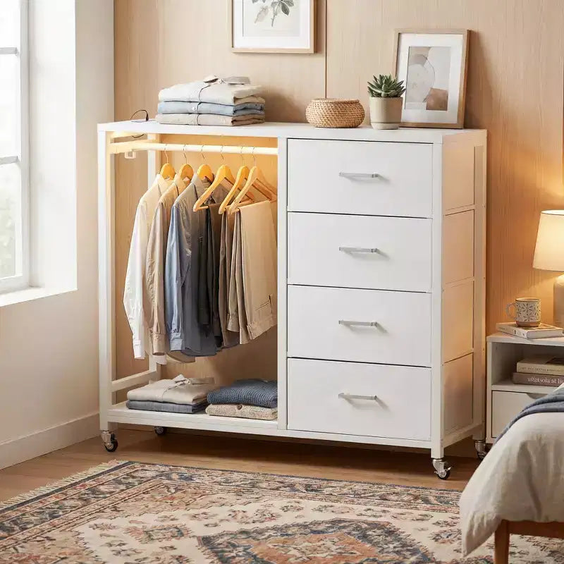 Portant à vêtements, commodes avec station de charge et lumière LED, commode à 4 tiroirs