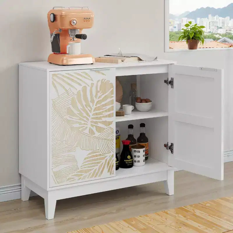 Bahut avec portes sculptées, meuble de rangement décoratif avec étagères réglables