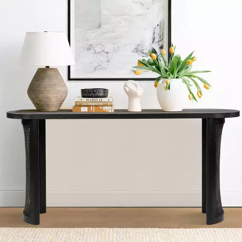 Console ovale avec pieds en cannage, Table de canapé étroite