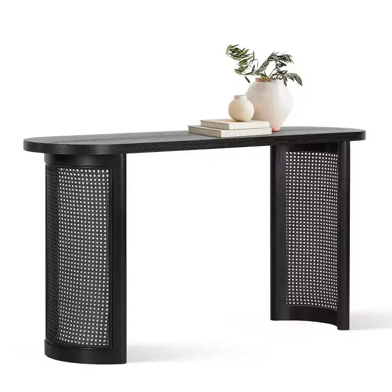 Console ovale avec pieds en cannage, Table de canapé étroite