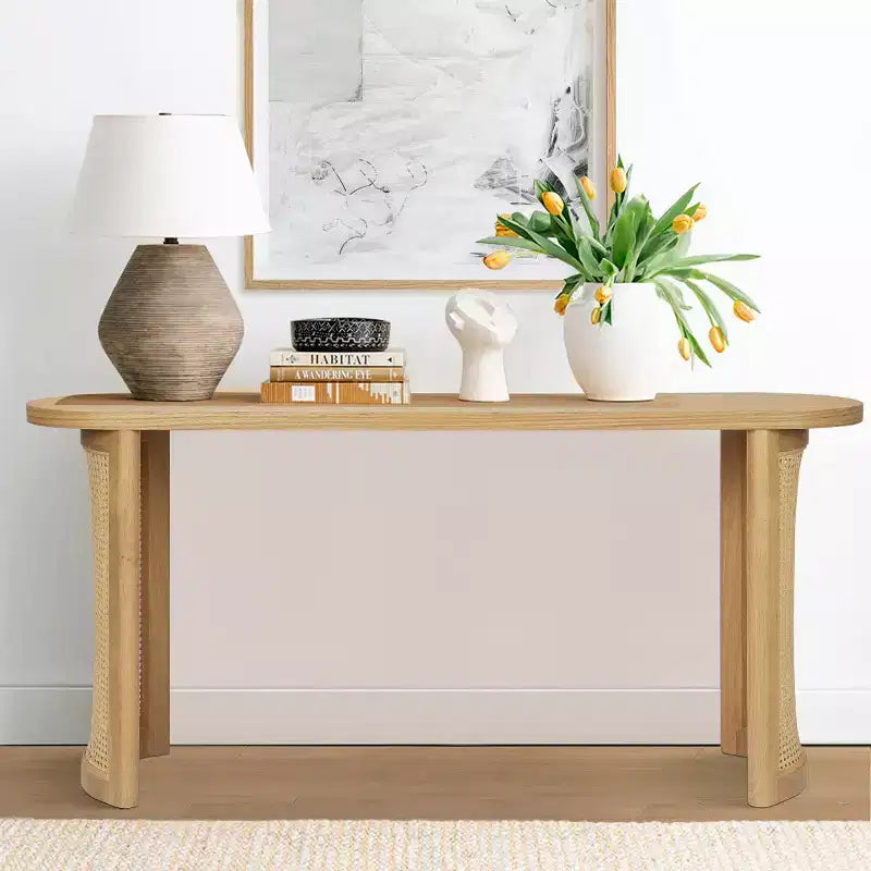 Console ovale avec pieds en cannage, Table de canapé étroite