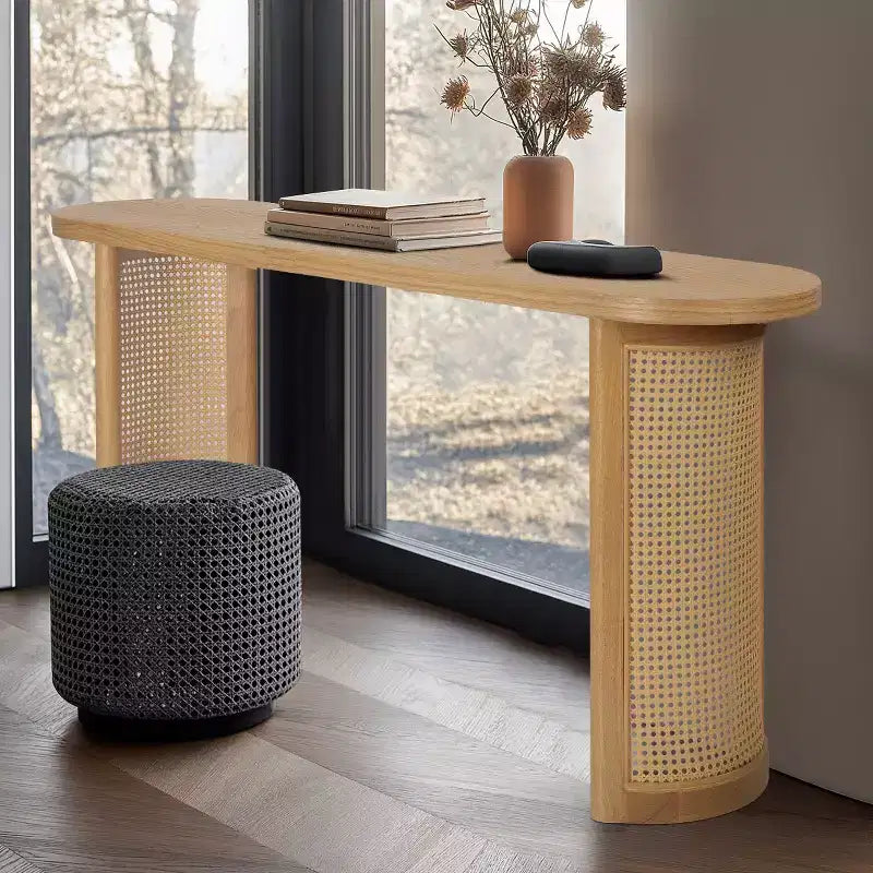 Console ovale avec pieds en cannage, Table de canapé étroite