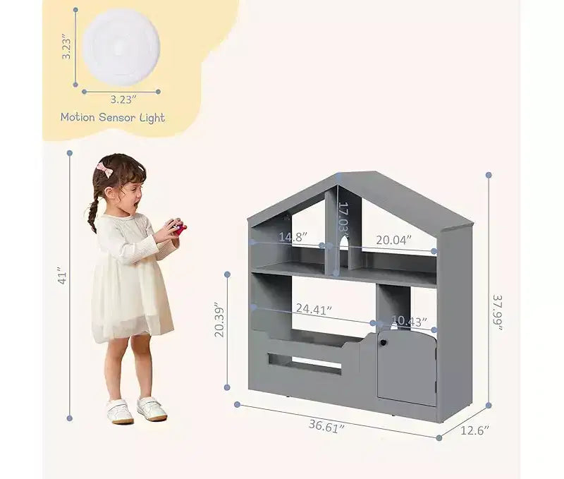 Étagère à livres pour enfants, Organisateur de jouets, Bibliothèque en bois pour tout-petits avec lumière à détecteur de mouvement