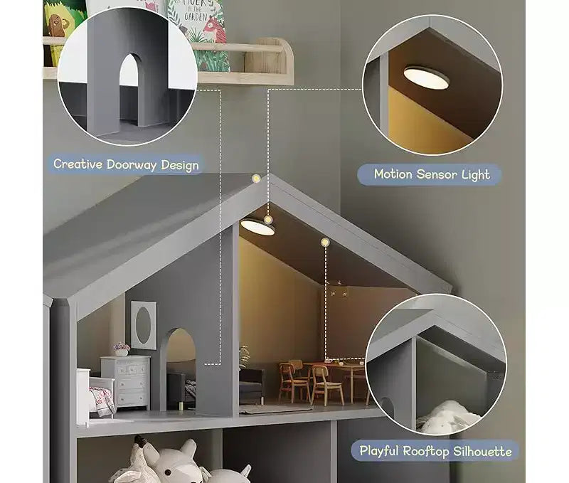 Étagère à livres pour enfants, Organisateur de jouets, Bibliothèque en bois pour tout-petits avec lumière à détecteur de mouvement