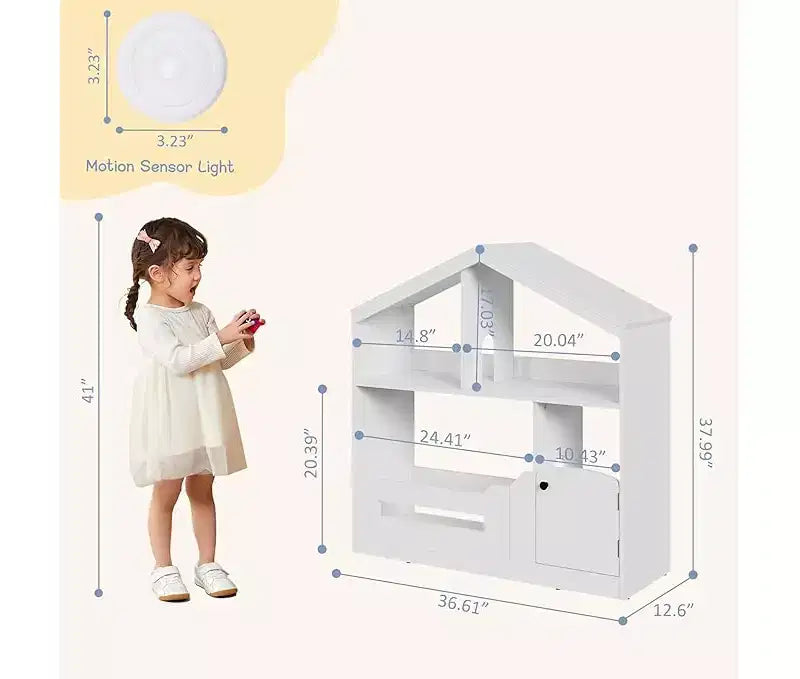 Étagère à livres pour enfants, Organisateur de jouets, Bibliothèque en bois pour tout-petits avec lumière à détecteur de mouvement