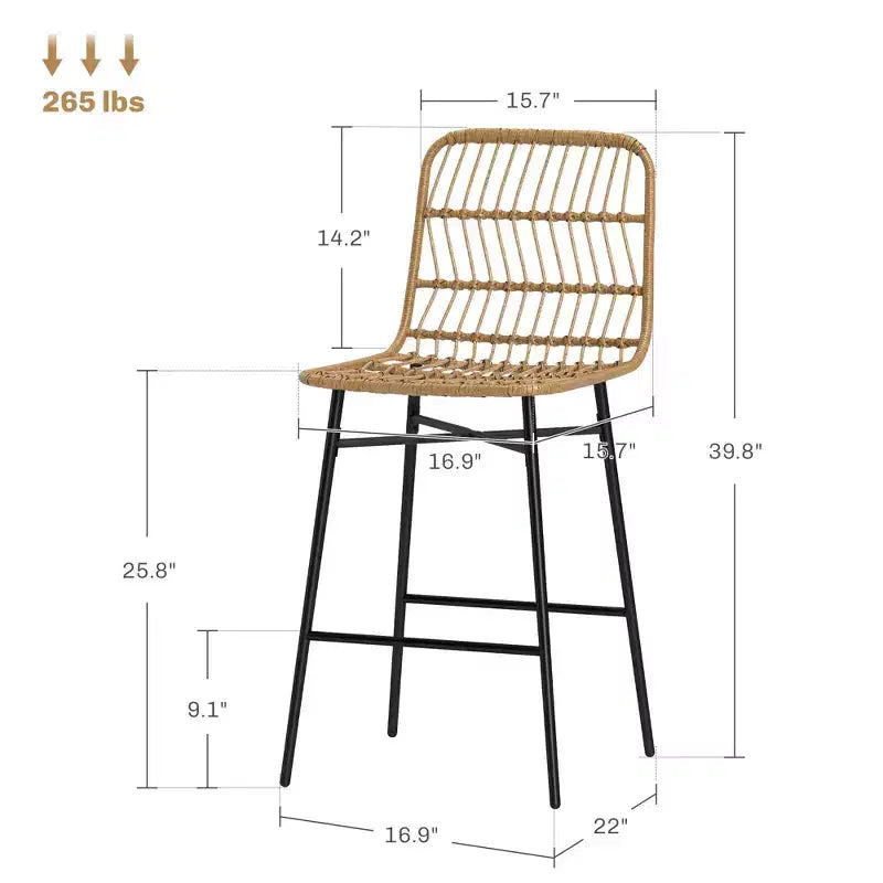 Tabourets de bar en rotin, 26 tabourets de bar hauteur comptoir avec dossier