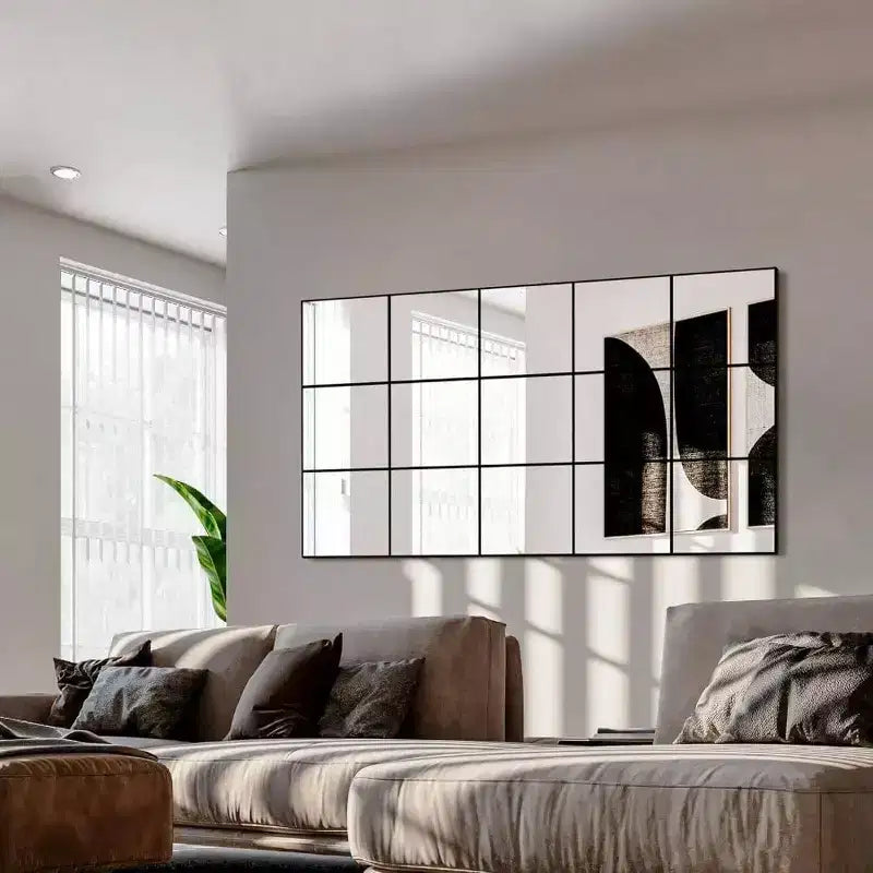 Miroir mural encadré en métal noir style fenêtre, à suspendre