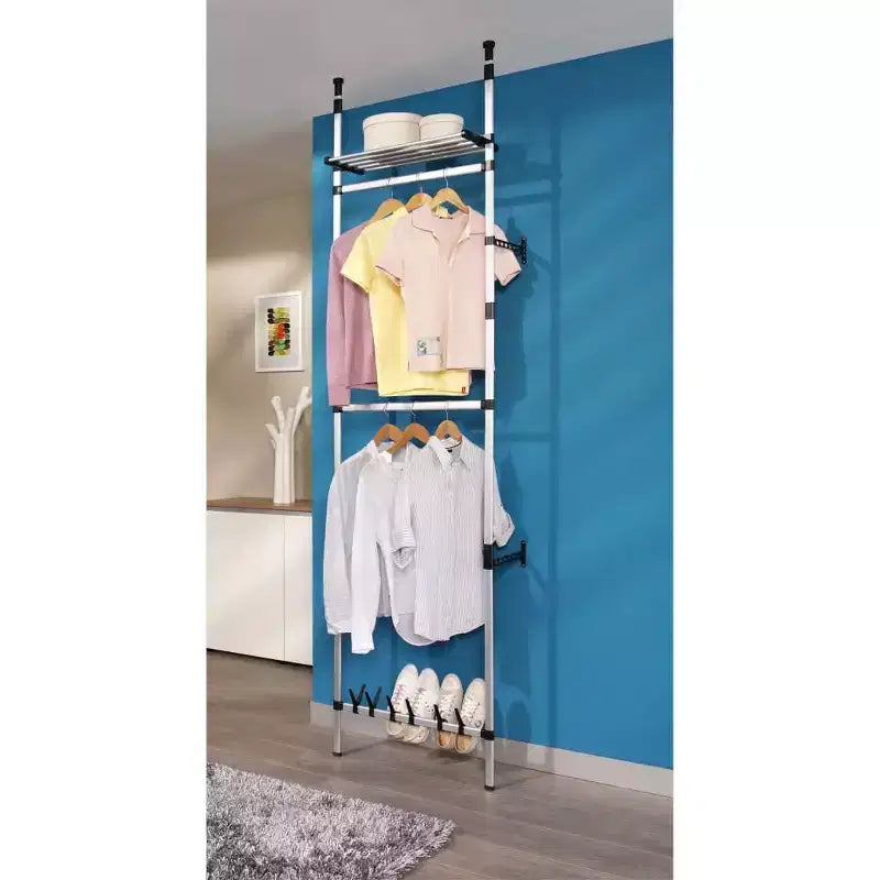 Système de penderie télescopique avec tringles et étagère en aluminium