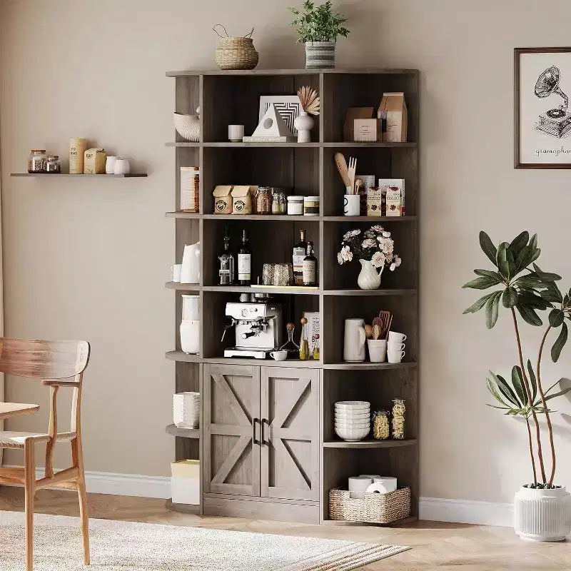 Bibliothèque 6 niveaux en bois avec meuble de rangement et portes, grand organisateur gris