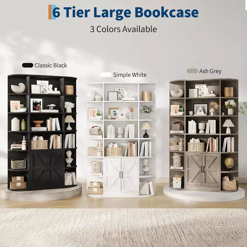 Bibliothèque 6 niveaux en bois avec meuble de rangement et portes, grand organisateur gris