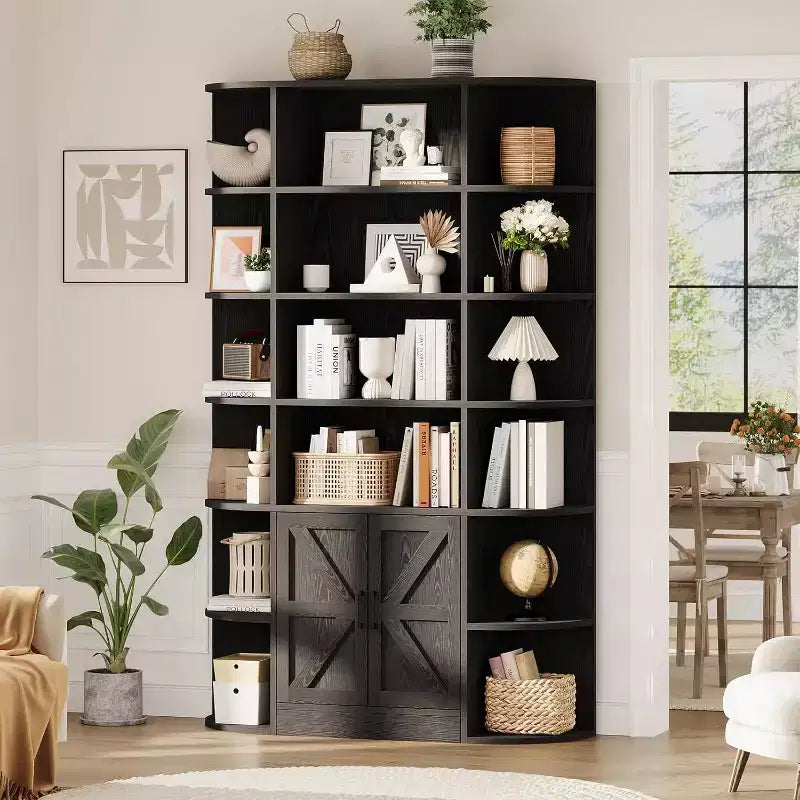 Bibliothèque 6 niveaux en bois avec meuble de rangement et portes, grand organisateur gris