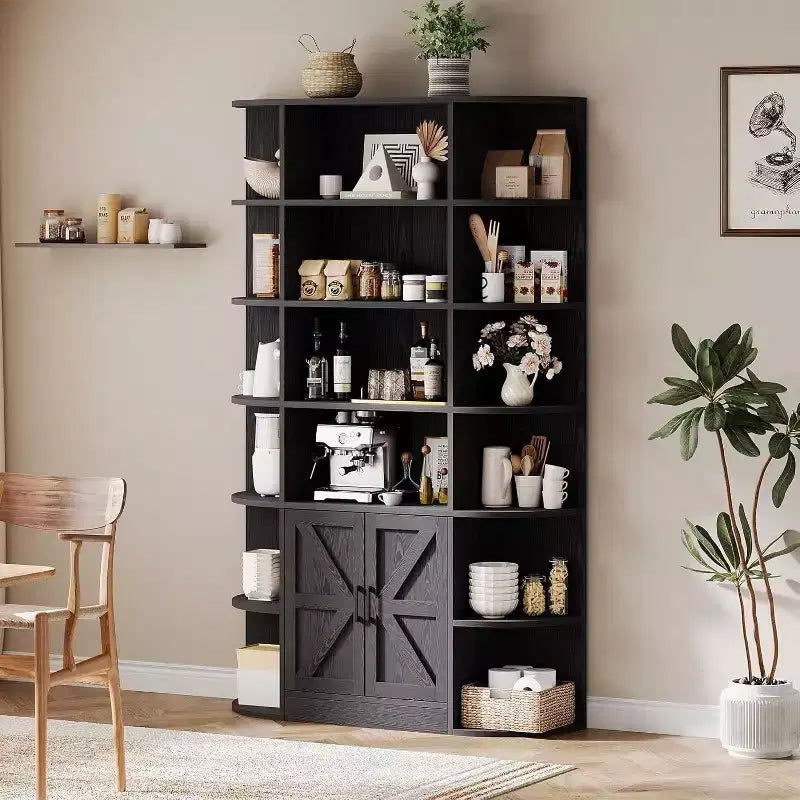 Bibliothèque 6 niveaux en bois avec meuble de rangement et portes, grand organisateur gris